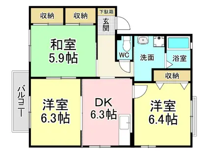 ヴァン・ヴェール B棟(3DK/2階)の間取り写真