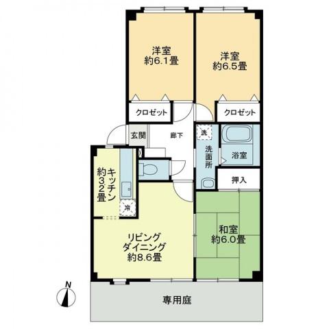 フォブール北井門A棟(3LDK/1階)の間取り写真