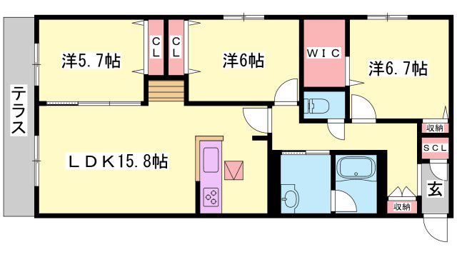 オカバ姫路青山シャーメゾン(3LDK/1階)の間取り写真