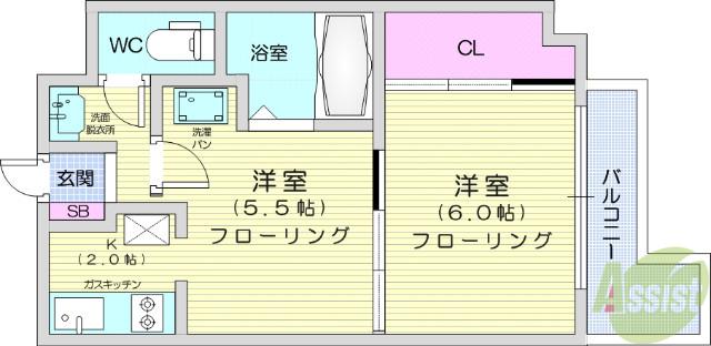 平和マンション北仙台(2K/6階)の間取り写真