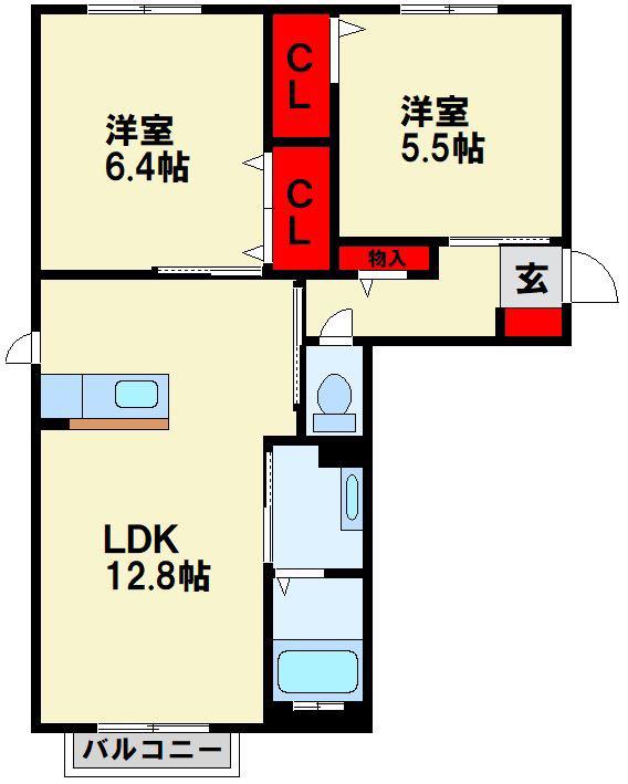 コモドヴィラ引野 (2LDK/1階)の間取り写真