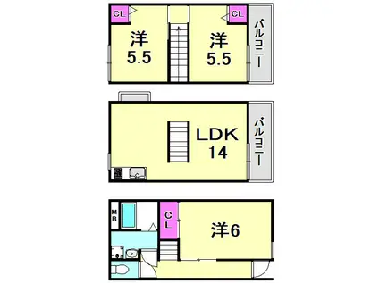 クレスト甲東園A棟(3LDK/1階)の間取り写真