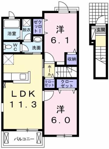 マーヴェラスB棟(2LDK/2階)の間取り写真