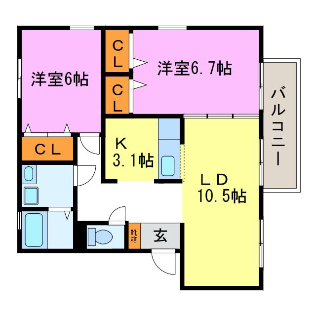 夢咲きの里 E棟(2LDK/2階)の間取り写真