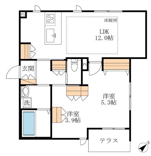 REFINED COURT 立川(2LDK/1階)の間取り写真
