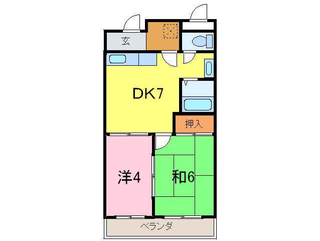 グランデージ元浜(2DK/4階)の間取り写真
