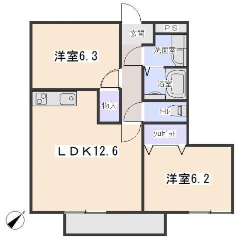 ヴィラ家奈B(2LDK/2階)の間取り写真