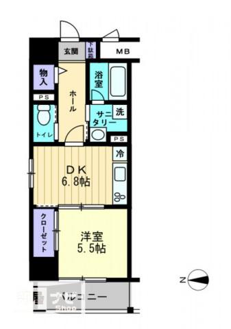 アルファレガロ中央町(1DK/13階)の間取り写真