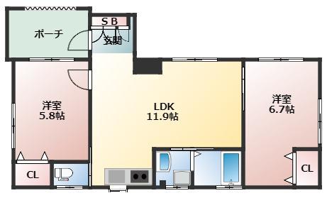 キャッスルアート三宮東(2LDK/1階)の間取り写真