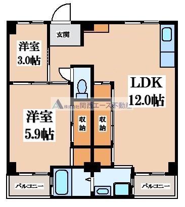 ビレッジハウス葛ノ葉(2LDK/4階)の間取り写真