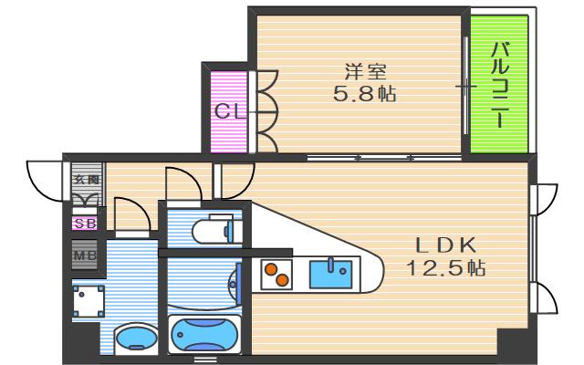 エクセレント南森町(1LDK/6階)の間取り写真