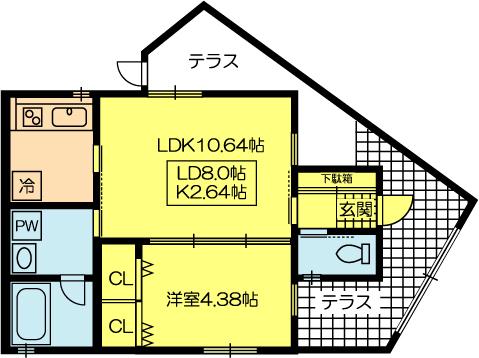ティーズフルフト(1LDK/1階)の間取り写真