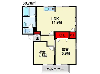 フィールドコート本城 D棟(2LDK/1階)の間取り写真