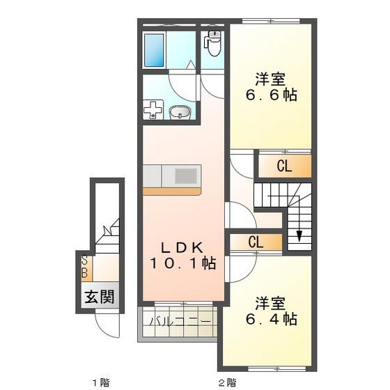 近鉄名古屋線 磯山駅 徒歩9分 2階建 築17年(2LDK/2階)の間取り写真