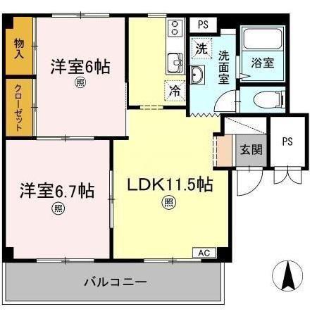 グランデュール高柳 A棟(2LDK/1階)の間取り写真