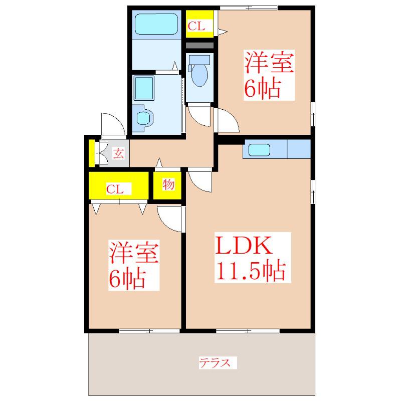 セジュールシエル C棟(2LDK/1階)の間取り写真