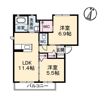 クラヴィエ I B棟(2LDK/2階)の間取り写真