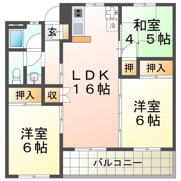 ＪＲ山陽本線 朝霧駅 徒歩8分 5階建 築56年(3LDK/4階)の間取り写真