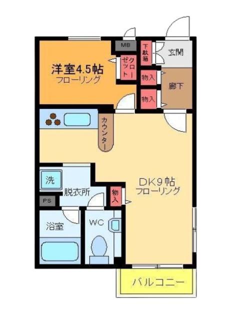 レクノスI(1DK/2階)の間取り写真