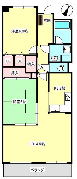 カルム学園緑ヶ丘(2LDK/6階)の間取り写真