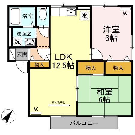 エスポワール三柳B棟(2LDK/1階)の間取り写真