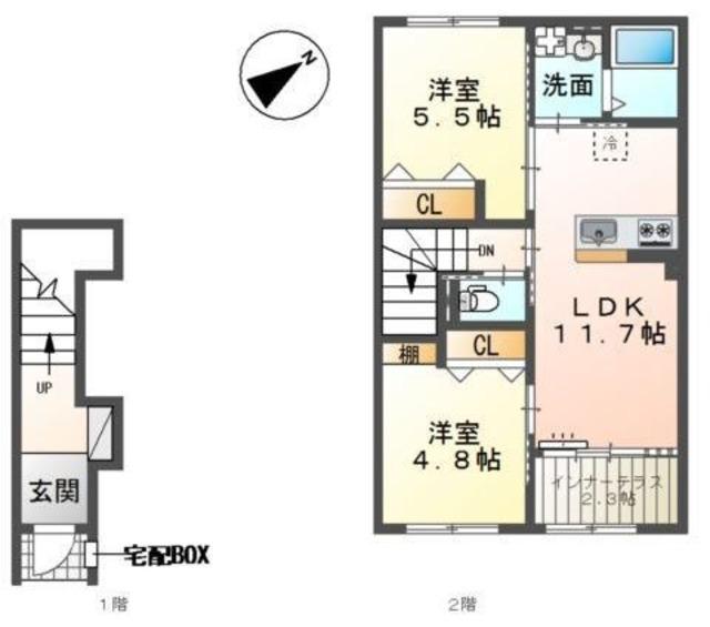 川口市大字道合字久保前 アパート工事(2LDK/2階)の間取り写真