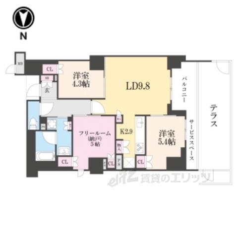 ジオ山科椥辻ノース(3LDK/1階)の間取り写真