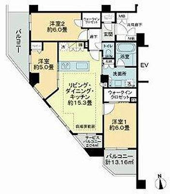 ミオカステーロ京王稲田堤2(3LDK/2階)の間取り写真