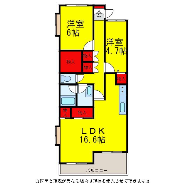 パステリブ成田(2LDK/3階)の間取り写真