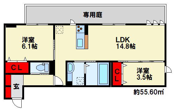フース ヒュッゲ行橋 A棟(2LDK/1階)の間取り写真