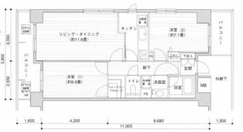 プライムアーバン目黒リバーフロント(2LDK/11階)の間取り写真