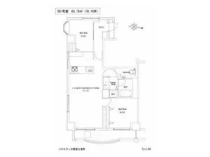 ソサエティ中野富士見町(2LDK/5階)の間取り写真
