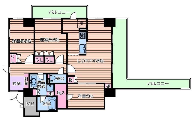 エル・セレーノ上本町レジデンス(3LDK/15階)の間取り写真