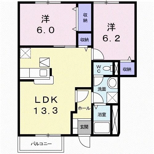 ヴィラ・フォンテーヌB棟(2LDK/1階)の間取り写真