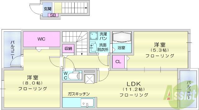 ピースヴィラ袋原南Ⅰ(2LDK/2階)の間取り写真
