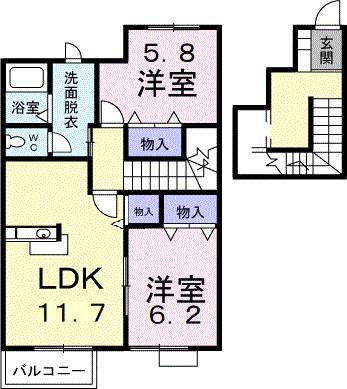 プリムヴェールA(2LDK/2階)の間取り写真