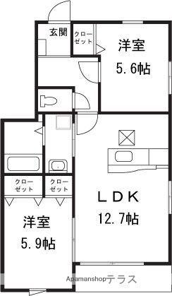 プレミール茶山(2LDK/1階)の間取り写真