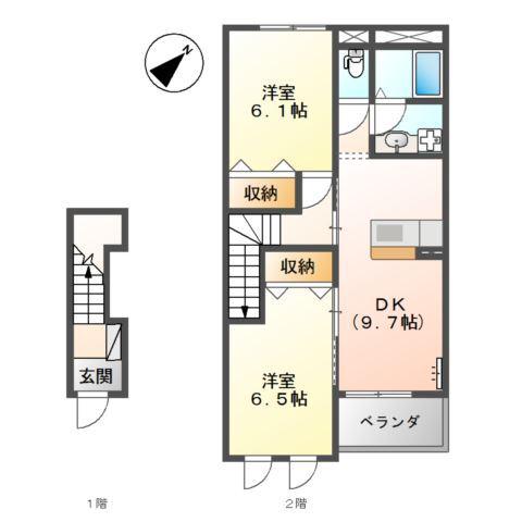 サンシャインヒルズ(2DK/2階)の間取り写真