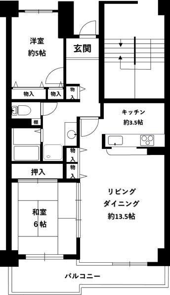 木月住吉団地2号棟(2LDK/4階)の間取り写真