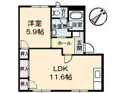 オーキッド倉敷IIA棟(1LDK/1階)の間取り写真