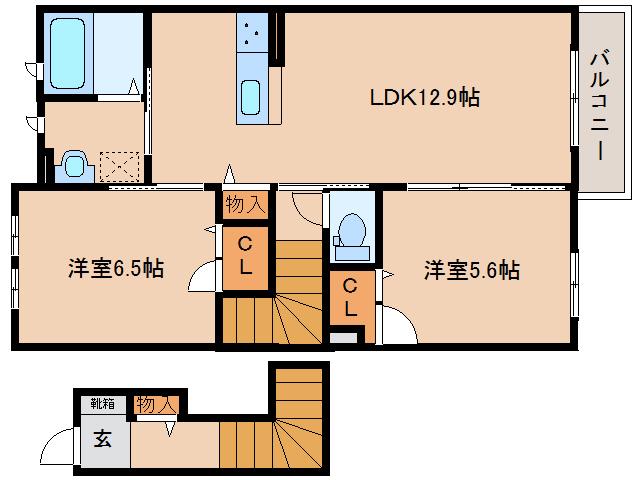 アミュゾンうねび(2LDK/2階)の間取り写真