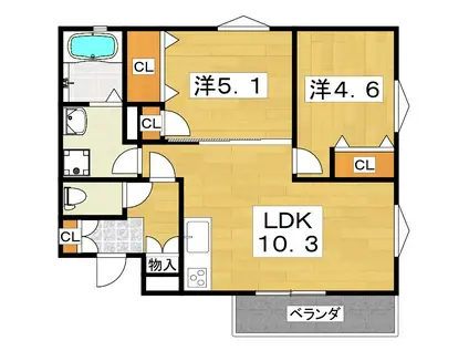 クリエオーレ秦町(2LDK/3階)の間取り写真