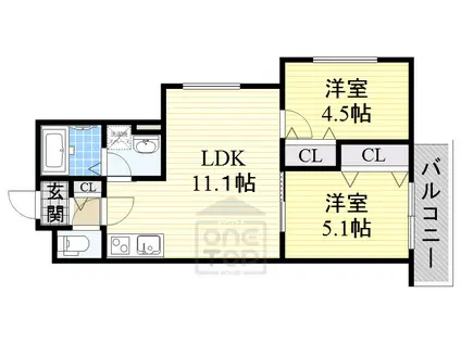 クリエオーレ鳥飼野々(2LDK/2階)の間取り写真