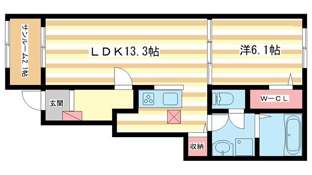 グランディール富雄南(1LDK/1階)の間取り写真