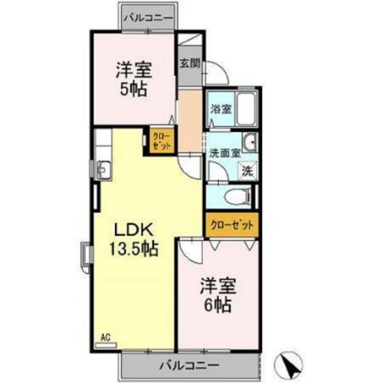 グランディール庚午北B棟(2LDK/1階)の間取り写真
