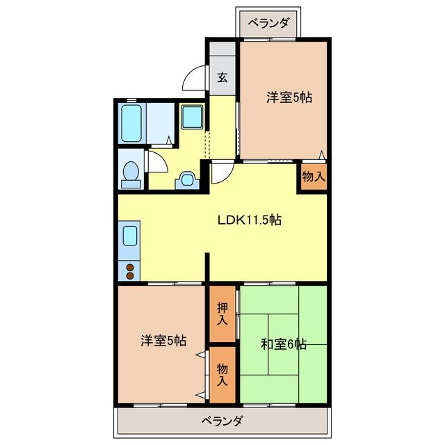 グランディールI(3LDK/2階)の間取り写真