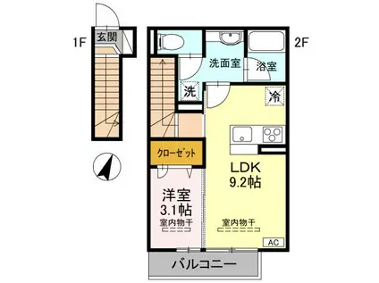 グリーンリーフ(1LDK/2階)の間取り写真