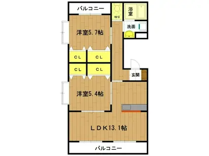 近鉄山田線 宮町駅 徒歩38分 5階建 築22年(2LDK/3階)の間取り写真