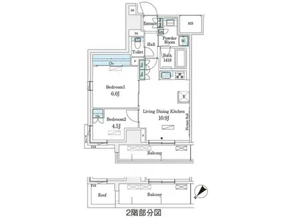 パークアクシス横浜伊勢佐木町通(2LDK/2階)の間取り写真