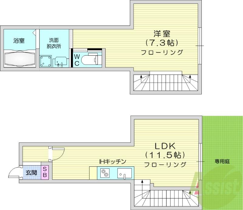 QRESTIA塩釜(1LDK/1階)の間取り写真